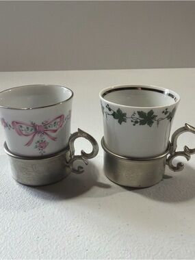 Vintage Porcelain Demitasse Cups with Metal Holders - Pink Bow & Green Ivy